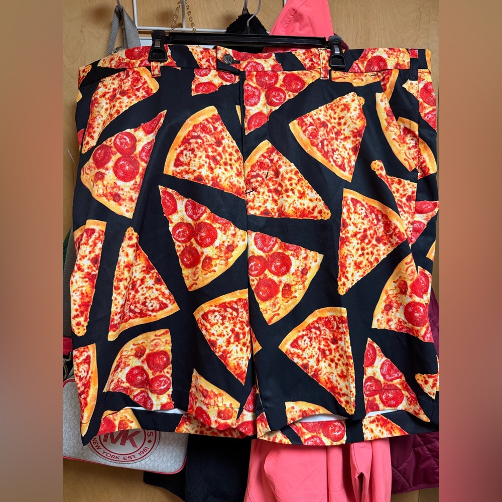 Loudmouth Mens Chino Golf Shorts 44 Black Orange Pizza Print Flat Front Pockets